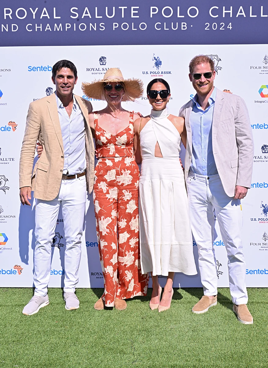 Nacho Figueras, Delfina Blaquier, Meghan Markle and Prince Harry at the Royal Salute Polo Challenge benefitting Sentebale at Grand Champions Polo Club on April 12, 2024.