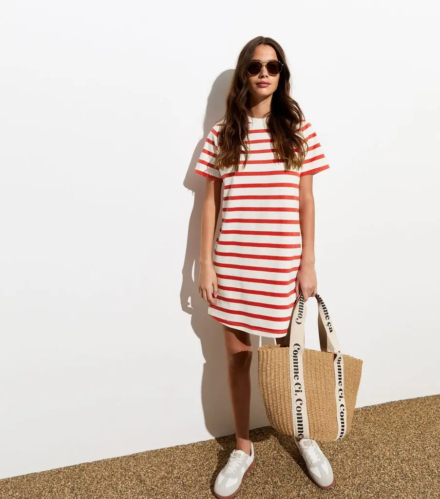 Red Stripe Cotton T-Shirt Mini Dress New Appearance