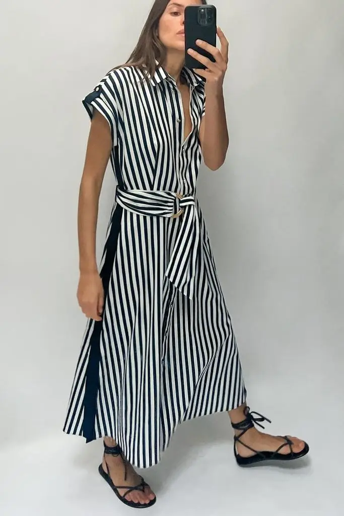 Midi Dress with Stripes and Linen Blend by Zara