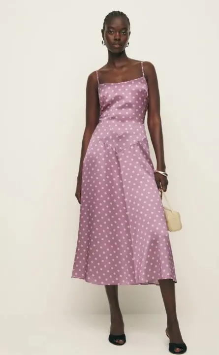 reformation lilac polka dot dress