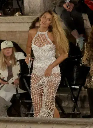 Blake Lively wearing a naked dress with beaded pearl details