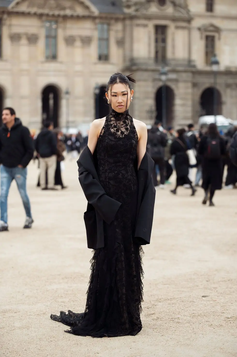 street style paris fashion week black lace evening gown