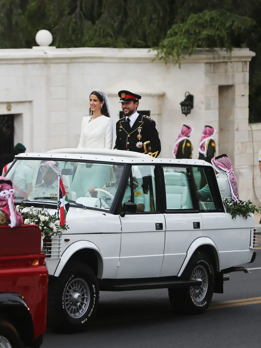 AMMAN, JORDAN- JUNE 01: Jordan Crown Prince Al Hussein and Princess Rajwa Al Hussein depart Zahran palace during their wedding on June 01, 2023 in Amman, Jordan. Al Hussein bin Abdullah, Crown Prince of Jordan, is the son of King Abdullah II bin Al-Hussei