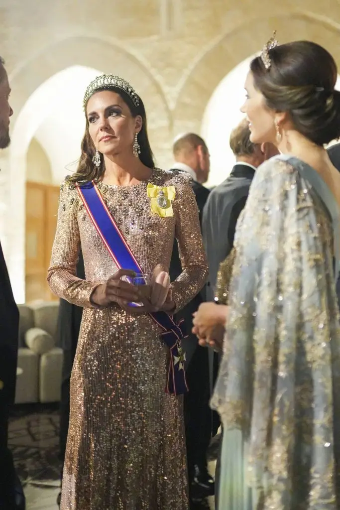 Princess Kate in a pink sparkly gown and tiara with Queen Mary