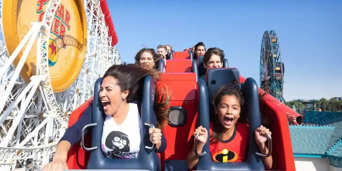 Guests riding Incredicoaster at Disneyland