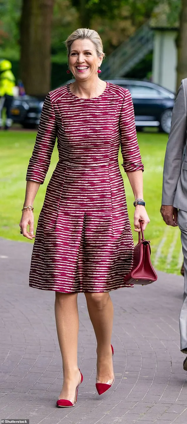 Queen Máxima of the Netherlands (pictured) looked typically chic in a red and white long-sleeved, pleated dress, which she paired with stilettos in red and PVC