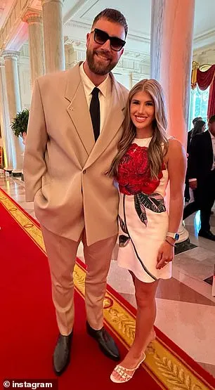 Days later, she flew across the globe to Washington, D.C., to join the Chiefs on their ceremonial visit to the White House, where she hung out with star players Travis Kelce (seen) and Patrick Mahomes