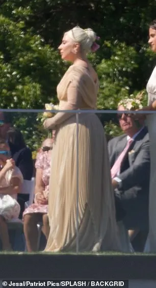 The Just Dance hitmaker, 38, whose real name is Stefani Germanotta, wowed in a peach-coloured bridesmaid dress and matching sheer gloves while holding onto yellow flowers