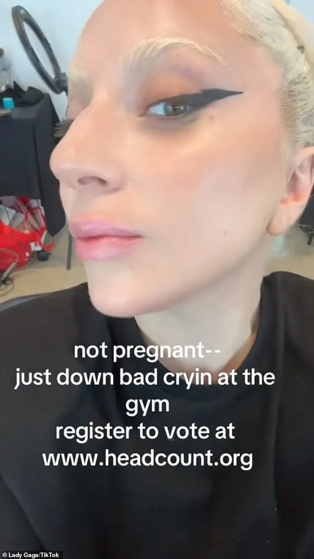 'not pregnant – just down bad cryin at the gym,' captioned Gaga, who was partially quoting lyrics to pop rival Taylor Swift 's song Down Bad. She then encouraged her 9.3million followers to 'register to vote'