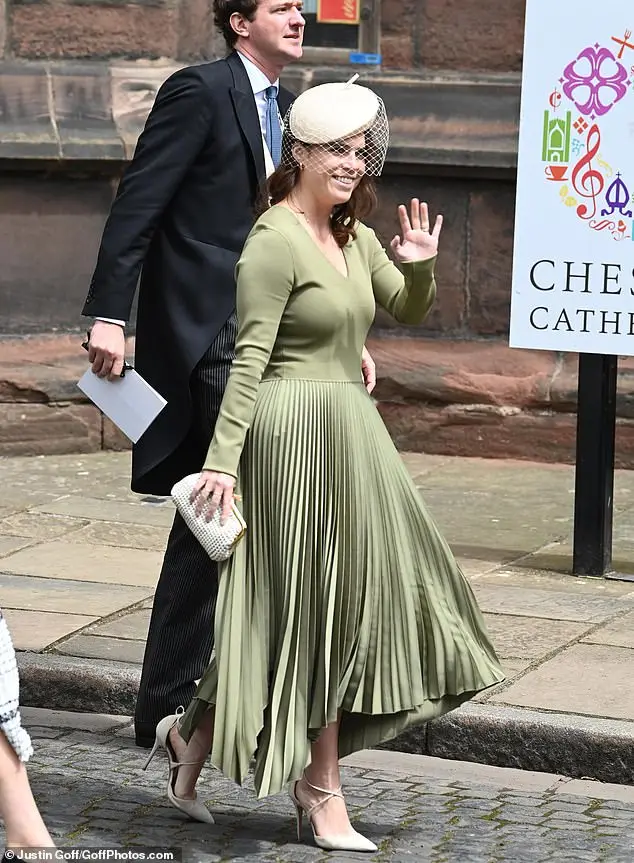 The Duke and Duchess of York's youngest daughter, 34, left the wedding venue and gave the crowds a little wave