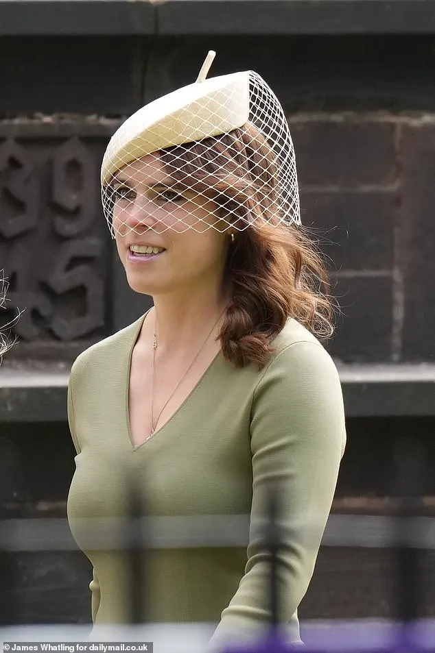 Pictured arriving alongside some of the 400 guests invited to today's celebration, mother-of-two Eugenie - daughter of the Duke and Duchess of York - teamed her stunning V-neck dress with a chic cream fascinator