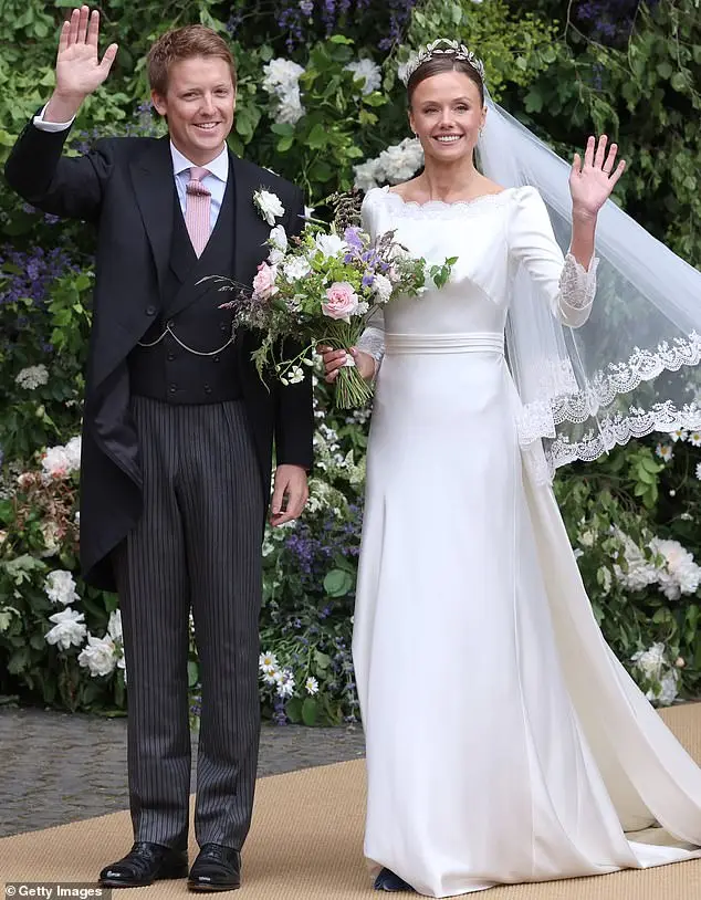 Olivia Henson (pictured, right) donned a bespoke gown and veil created by designer Emma Victoria Payne for her wedding to Hugh Grosvenor (pictured, left) yesterday