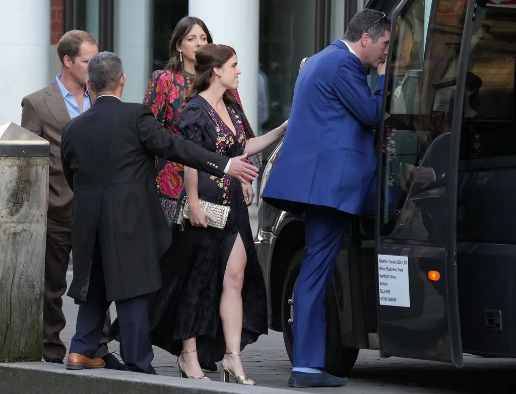 Princess Eugenie leaves for the evening party for the wedding of The Duke of Westminster to Olivia Henson at Chester Cathedral, Chester, UK, on the 7th June 2024.