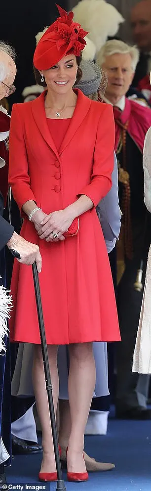 The 'Marianne' coat dress by Catherine Walker was a go-to for Kate between 2011 and 2017. Above: Kate attends the Order of the Garter Service at Windsor Castle in the outfit in 2016