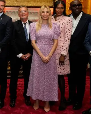 Sienna Miller wears a purple dress.