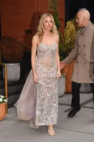 Sienna Miller wears a sheer dress.