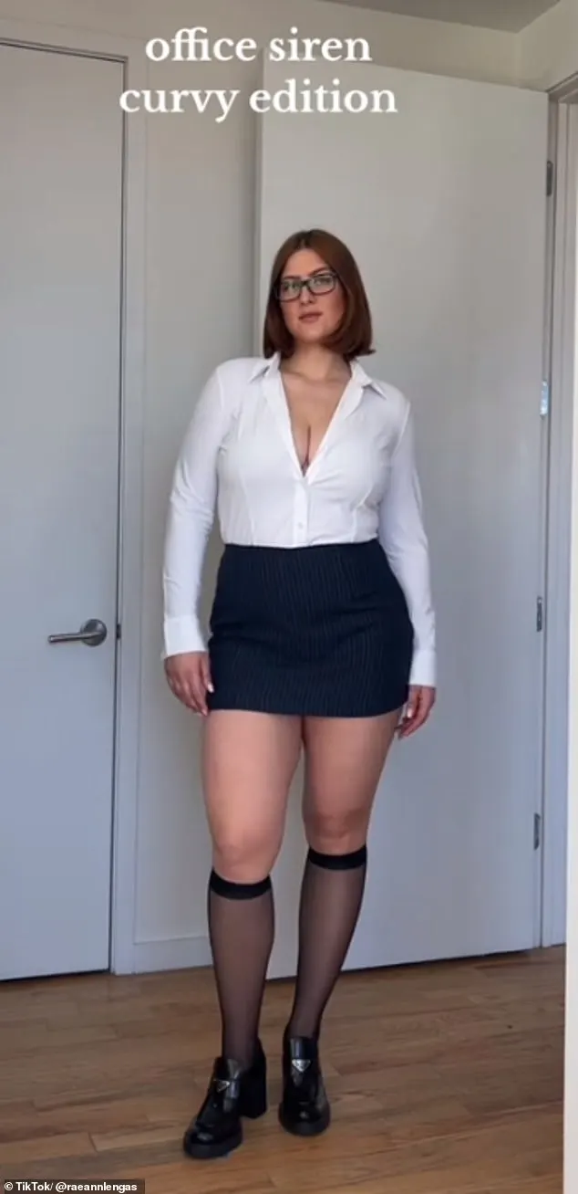 Raeann Langas (pictured), from LA, donned knee high mesh black socks, a mini skirt, and a tight white shirt for her 'office siren curvy edition' look