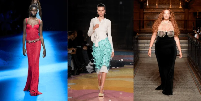 Left to right: Blumarine runway model; Bottega Veneta runway model; Mirror Palais runway model.