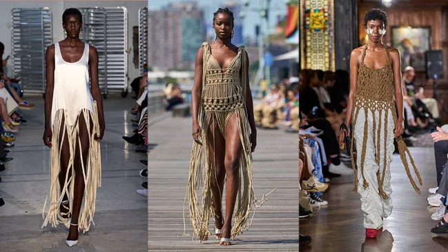 Three models walking Spring/Summer 2024 Fashion Week runways in neutral tassel-lined clothing