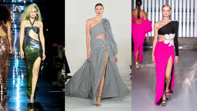 Three models walking Spring/Summer 2024 Fashion Week runways in dresses with side cutouts