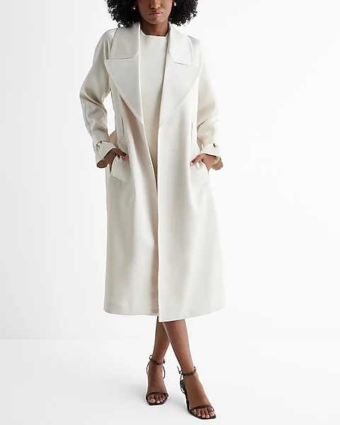 Express Satin Belted Trench Coat in Swan White