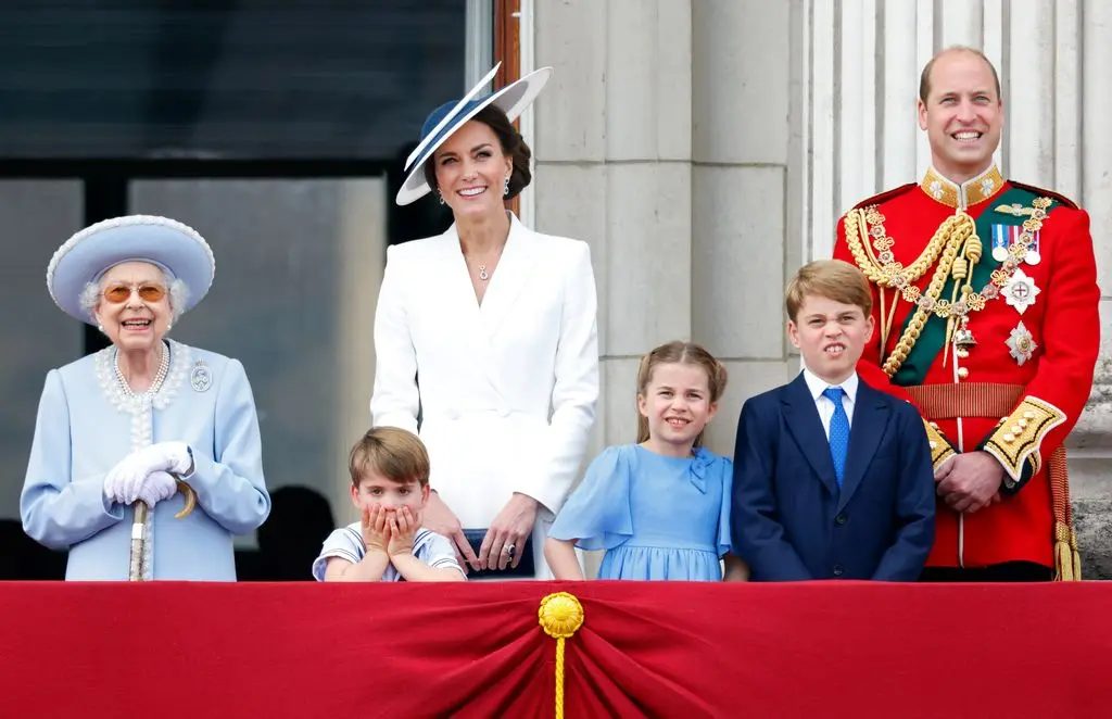 Prince William and Kate Middleton with Prince George, Princess Charlotte and Prince Louis watching flypast