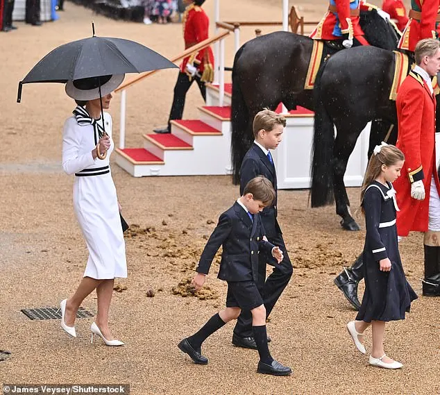 Always prepared! Kate Middleton was the picture of elegance in her ensemble today as she walks along Horse Guards Parade with an umbrella alongside her children