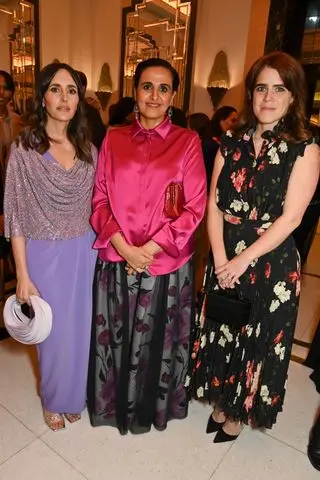 Princess Eugenie of York wearing a black floral maxi dress and black pumps at the FTA dinner in celebration in London June 2024