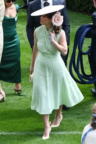 Princess Eugenie attends the 2024 royal ascot in a mint green dress with a criss cross bodice and a flat hat