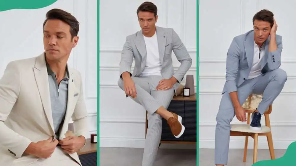 A man showcasing different variation of business casual suits