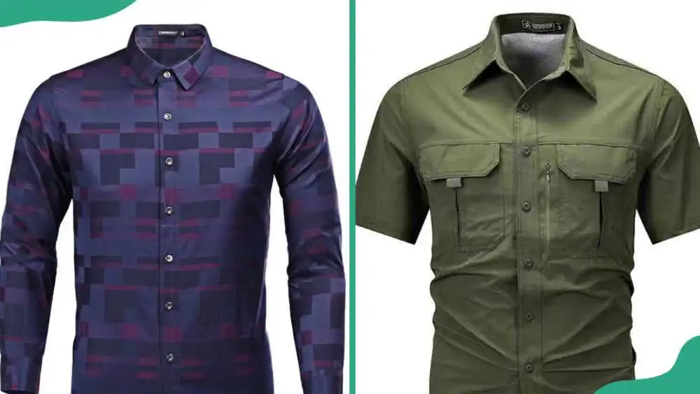 Blue long sleeve shirt and dark green short sleeves shirt