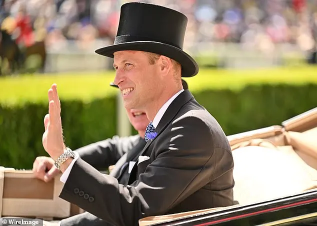 Prince William, wearing his full morning suit, including a top hat, offered a wave to Ascot goers