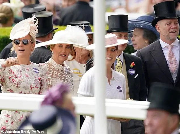 A family affair, despite the absence of the King and Princess of Wales, there was a strong turnout of royals today. Pictured from left: Zara, the Duchess of Edinburgh, Princess Eugenie, Prince Edward and Mike Tindall