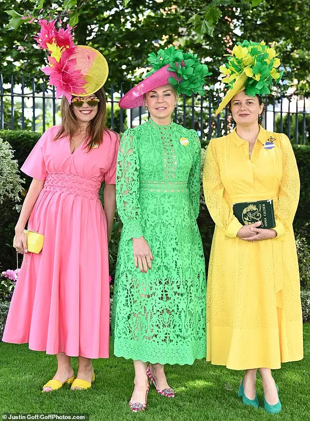 Three women showcased their bright ensembles as they arrived at the second day of Royal Ascot