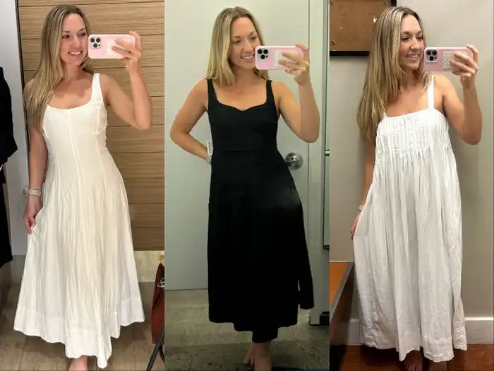 Chloe wearing three different dresses. On the left, a long white sleeveless dress from Gap. In the middle, a black sleeveless dress from Old Navy. On the right, a white, flowy, sleeveless dress from Banana Republic.