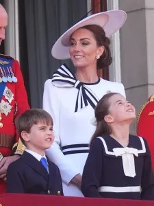 Prince Louis, the Princess of Wales and Princess Charlotte on the balcony of Buckingham Palace, London, to view the flypast following the Trooping the Colour ceremony in central London, as King Charles celebrates his official birthday. Picture date: Saturday June 15, 2024. (Photo by James Manning/PA Images via Getty Images)