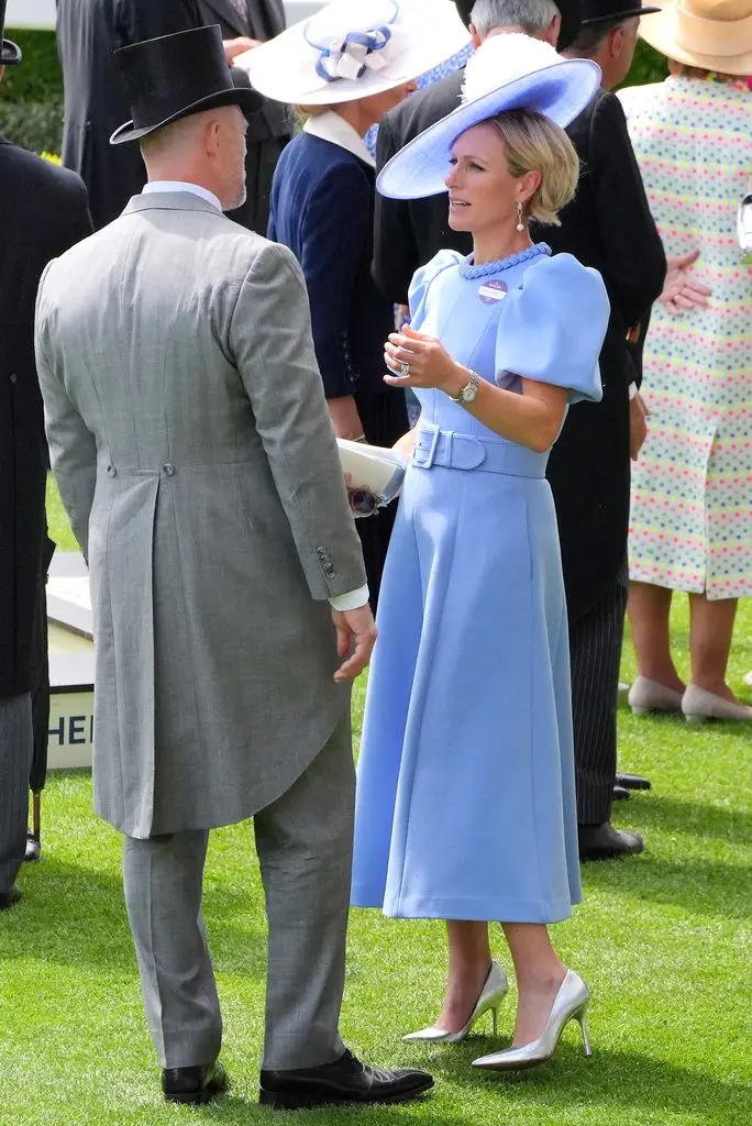 Zara Tindall ( right ) speaks with husband Mike Tindall ( left ) on day three of Royal Ascot at Ascot Racecourse, Berkshire.