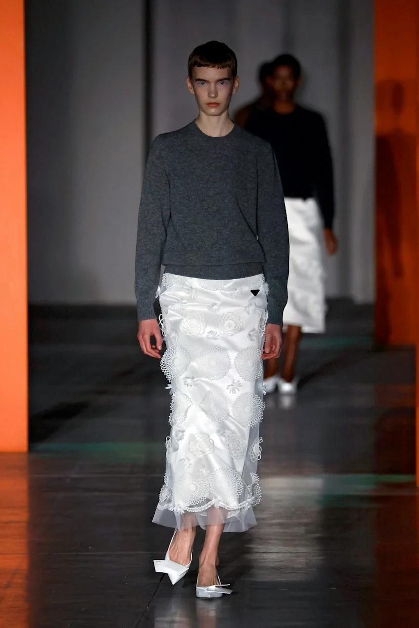 A model walks the runway at the Prada fashion show during the Milan Fashion Week Womenswear Fall/Win...