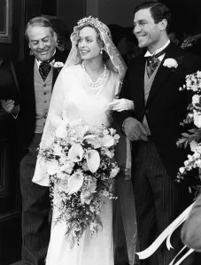 POOR LITTLE RICH GIRL: THE BARBARA HUTTON STORY -- Pictured: (l-r) Kevin McCarthy as Franklyn Hutton, Farrah Fawcett as Barbara Hutton, Nicholas Clay as Prince Alexis Mdivani -- (Photo by: NBCU Photo Bank/NBCUniversal via Getty Images)