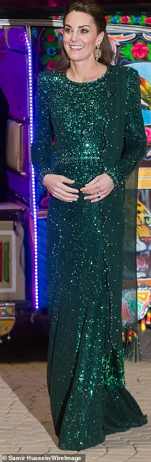 For a gala evening during her 2019 visit to Pakistan with William, Kate wore a sequin and jewel embellished dress with a draped train stitched to the shoulder