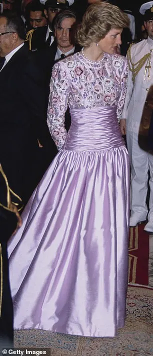 Princess Diana wore this dazzling floral Catherine Walker gown with a full taffeta skirt to a dinner to meet the Crown Prince of Kuwait in March 1989.