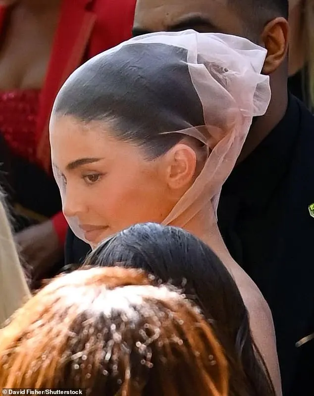 The sheer headpiece wrapped all around her jet black hair which was tied into a black bun