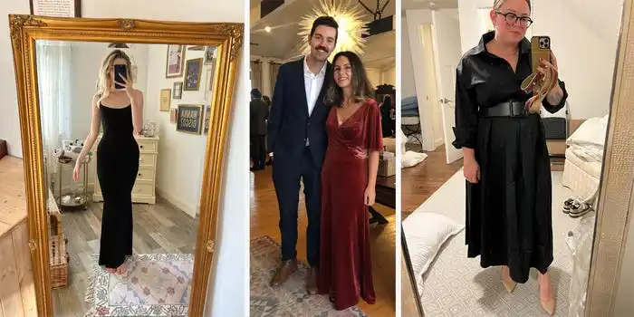 Three authors wearing different dresses from Amazon. Left: A black lounge dress on person taking a mirror selfie. Center: A person wearing a velvet burnt orange gown next to a person wearing a suit. Right: A person taking a mirror selfie wearing a black collared maxi dress.