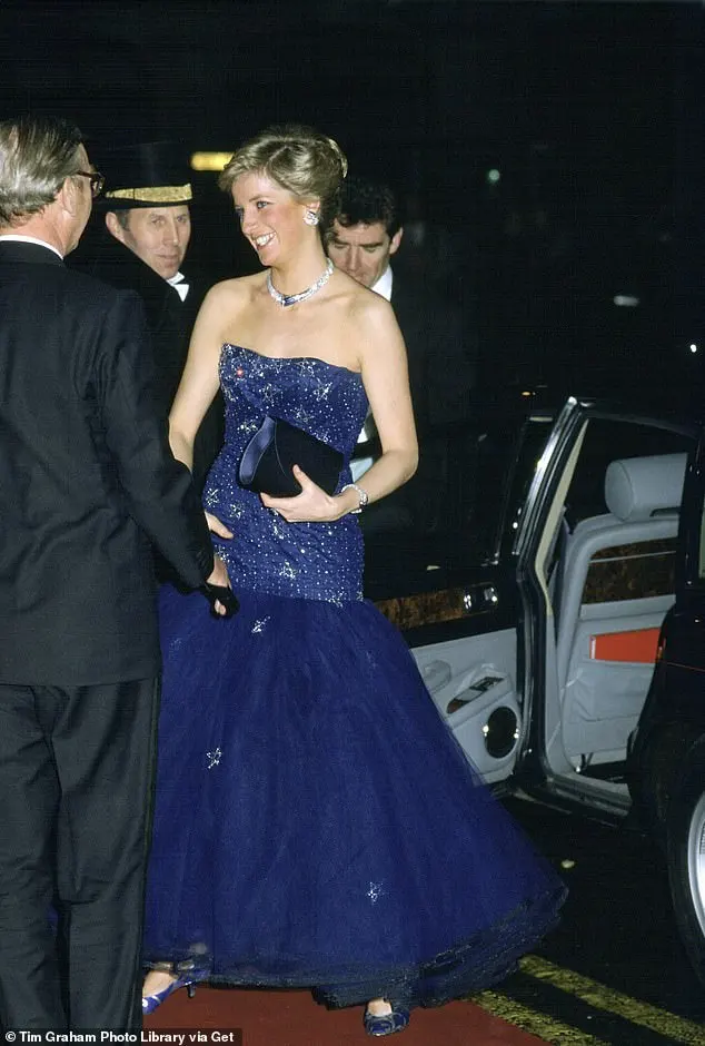 Diana wearing Murray Arbeid's ballerina-length midnight blue strapless dress adorned with diamanté stars for a ball hosted by King Constantine of Greece at the The late designer Murray Arbeid got his wrists slapped by the Queen of Jordan when Diana wore his ballerina-length midnight blue strapless dress, adorned with diamanté stars, for a spectacular ball hosted by King Constantine of Greece on 12 July 1986. The dress is tipped to sell for up to $400,000