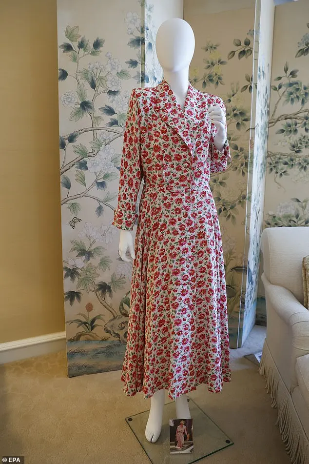 A glamorous pink floral silk shirt dress designed by Walker, which Diana wore to Prince William's sports day at Richmond Stadium in 1988