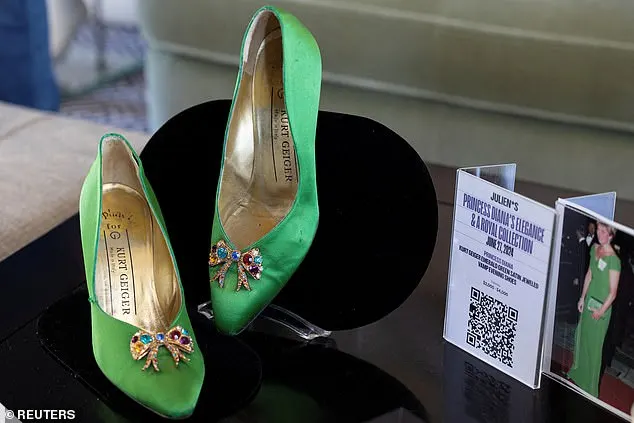 A few eye-catching pieces include a pair of emerald green satin evening shoes by Kurt Geiger with jeweled vamps, which are estimated to sell between $2,000 and $4,000