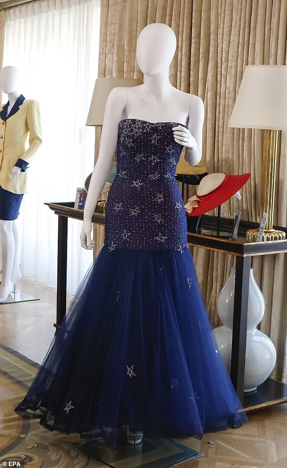 A Murray Arbied midnight blue tulle strapless gown that Diana wore twice in 1986 and once in 1987