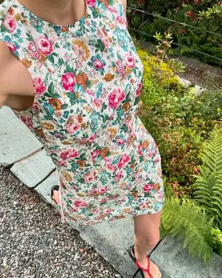 Fashion editor, Judith Jones in floral Dôen mini dress