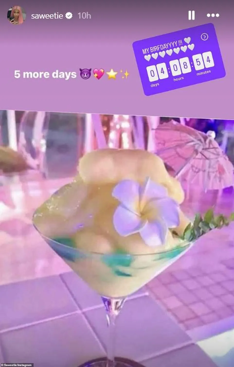 Saweetie - who boasts 25.1M social media followers - Instastoried a snap of a frozen cocktail on Thursday while announcing just 'five more days' until her 'birfdayyy'