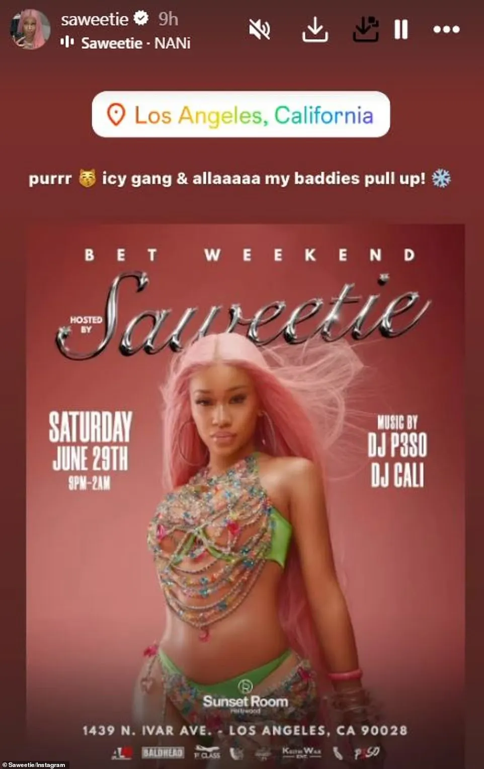 'Purr [cat emoji] icy gang and all [of] my baddies pull up!' Saweetie wrote on Instastory